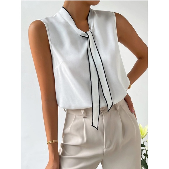 White Blouse Black Trim Tie Front Neck Sleeveless Blouse Office Top Shirt - Picture 4 of 11